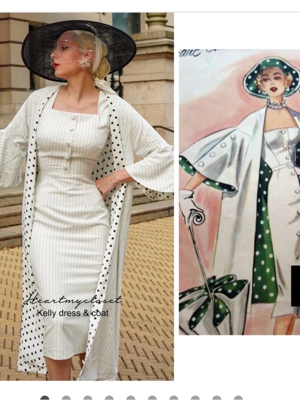 Vintage-Inspired Cream Pinstripe Midi Dress with Polka Dot Coat